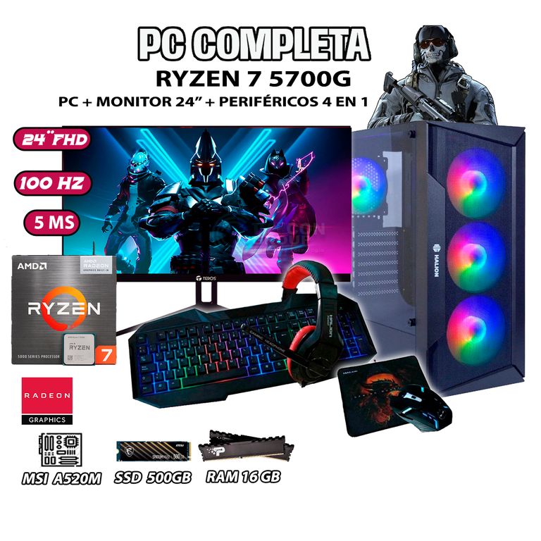 Computadora completa GAMER Ryzen 7 5700G RAM 16GB SSD 500GB MONITOR 24" FHD
