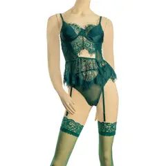 GENERICO - Lencería Erótica Sexy con Medias y Tirantes - Color Verde Talla M