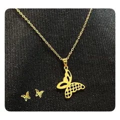 GENERICO - Pack Acero Collar con dije y Aretes - Mariposa Diseño M2 Dorada