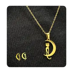GENERICO - Pack Acero Collar con dije y Aretes - Gato en la Luna Mod2 Dorado