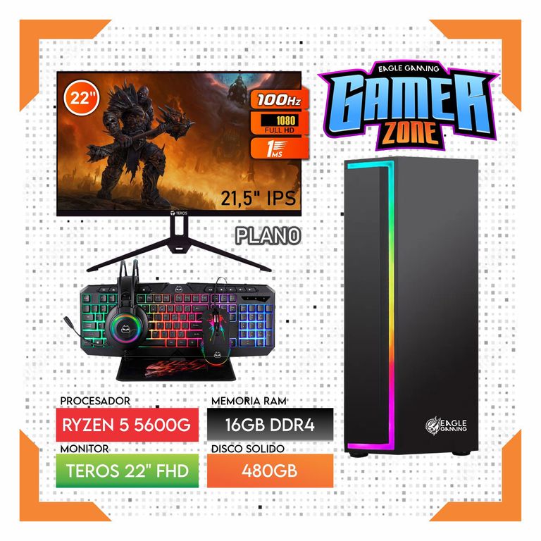 Computadora PC GAMER RYZEN 5 5600G RAM 16GB SSD 480GB Monitor 22" FULL HD