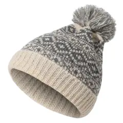 KAST PE - Gorro Beanie Bawei de Lana Suave con Pompon - Beige con Gris