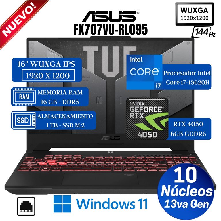 Laptop Tuf F16 FX607VU-RL095 16" WUXGA, Core i7-13620H, Ram 16GB, Ssd 1TB, Rtx 4050 6GB, Win 11