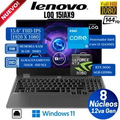 LENOVO - Laptop LOQ 15IAX9 15.6" FHD IPS, Core i5-12450HX, Ram 16GB, Ssd 512GB, Rtx 3050, Win 11