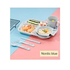 GENERICO - Set Plato Vaso Cubiertos y Tazón Set Vajilla Fish Celeste