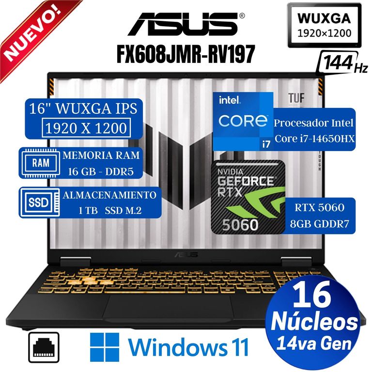 Laptop TUF F16 FX608JMR-RV197 16" FHD, Core i7-14650HX, Ram 16GB, Ssd 1TB, RXT 5060 8GB, Win 11