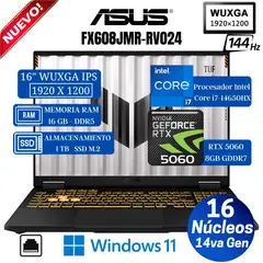 ASUS - Laptop TUF F16 FX608JMR-RV024 16" FHD, Core i7-14650HX, Ram 16GB, Ssd 1TB, RXT 5060 8GB, Win 11