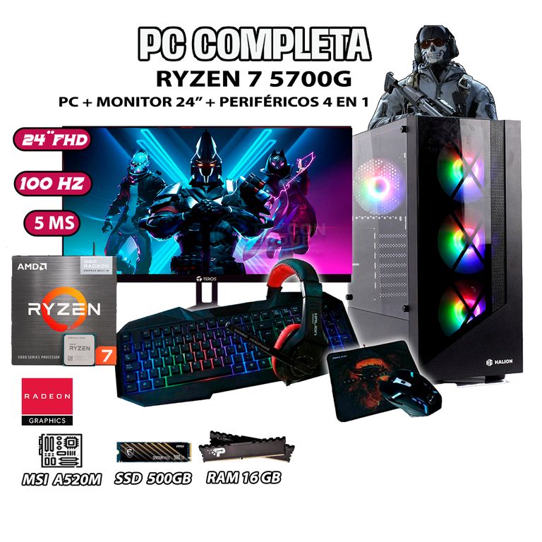 Computadora Completa Ryzen 7 5700G RAM 16GB DISCO 500GB SSD MONITOR 24"