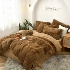 GOLDEN - EDREDÓN PIEL DE OSO QUEEN + 2 FUNDAS DE ALMOHADA CAMELLO
