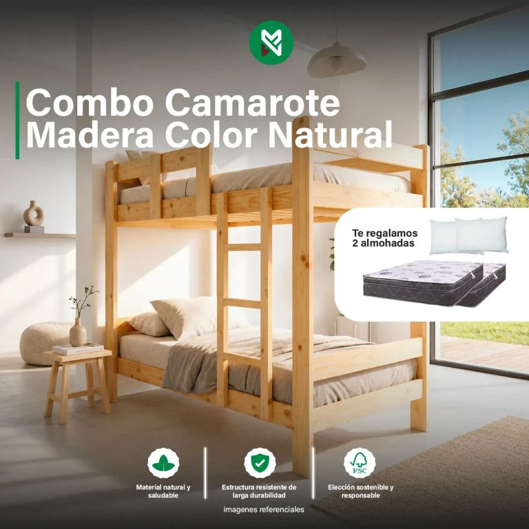 Combo: Camarote de Madera color Natural de 1.5 pl+2 Colchone