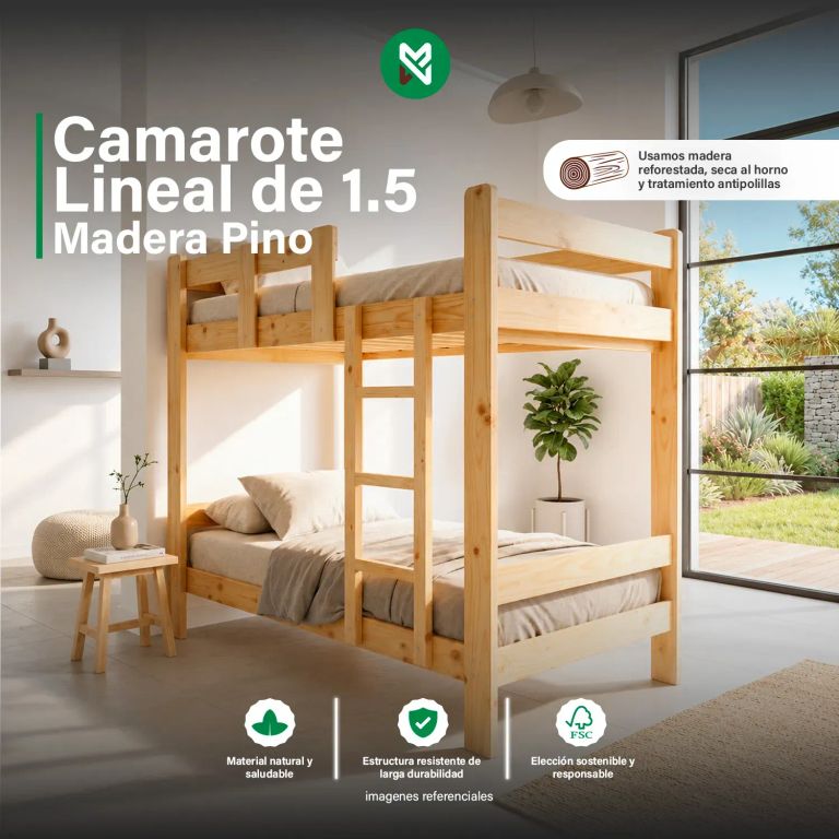 Combo: Camarote de Pino Natural de 1.5 plz + 2 Colchones