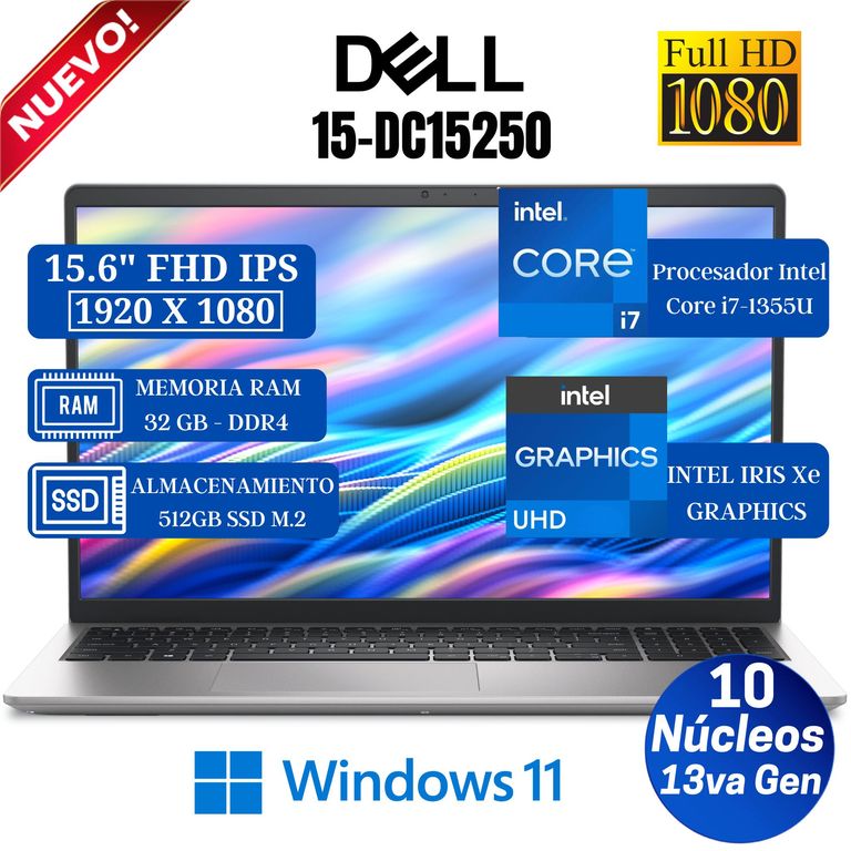 Laptop 15 DC15250 15.6" FHD IPS, Core i7-1355U- 13va Gen, Ram 32GB, 512GB SSD, Win 11 Pro