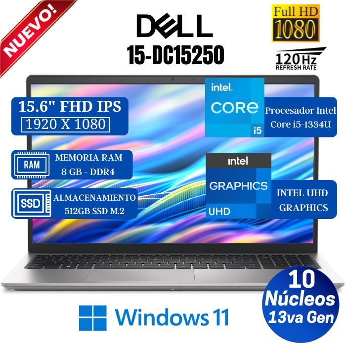 Laptop 15 DC15250 15.6" FHD IPS ,Core i5-1334U, 13va Gen,Ram 8GB, SSD 512GB,Win 11 Pro