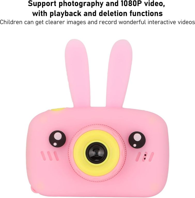Cámara conejito 1080P Full HD con cordón y cable de carga rosado
