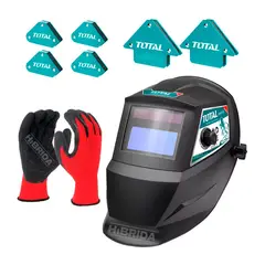 TOTAL TOOLS - CARETA CASCO DE SOLDAR TOTAL MÁS ESCUADRAS MAGNÉTICAS Y GUANTE - COMBO