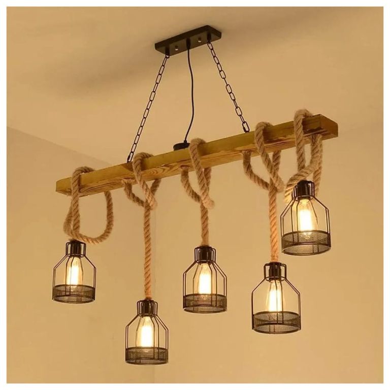 Lámpara de cuerda de cáñamo 5 luces industrial vintage