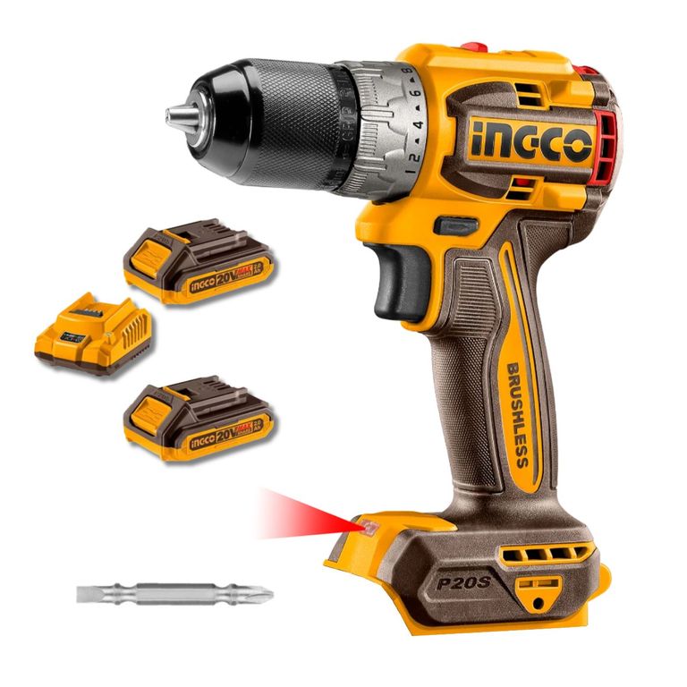 Taladro atornillador 1/2" 60nm Brushless + 2 baterias 2ah Ingco