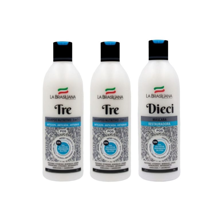 Pack - 2 Shampoo TRE + Mascara DIECI 500 ML. Sin SAL