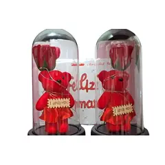 GENERICO - OSA CON ROSA + LUZ LED EN CÚPULA - ADORNO DIA DE LA MADRE