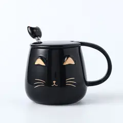 GENERICO - Taza de Cerámica Gato Negro con Tapa y Cucharita – 400 ml