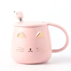 GENERICO - Taza de Cerámica Gato Rosado con Tapa y Cucharita – 400 ml