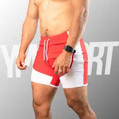 YML SPORT - Short Fitness Hombre - Short GYM Rojo con Blanco -