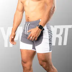 YML SPORT - Short Fitness Hombre - Short GYM Plomo con Blanco -