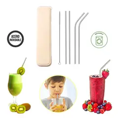 GENERICO - Set de 4 Sorbetes de Acero Inoxidable + Limpiador y Estuche