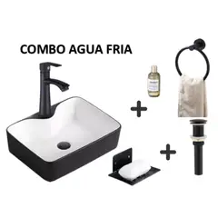 IMPORTADO MC - COMBO DE LAVATORIO NEGRO MATE CON BLANCO +GRIFERIA DESAGUE TOALLERO