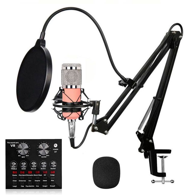 Kit Micrófono de estudio BM 800 Rosado más interfaz de audio V8