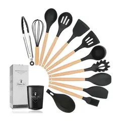 GENERICO - Set de Cucharones Utensilios de Silicona y Madera para Cocina NEGRO