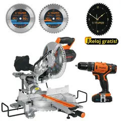TRUPER - Combo Sierra ingleteadora telescópica 1800W 2 discos, taladro percutor