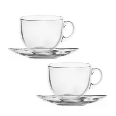 INSPIRA - Set de 2 Tazas más Plato de Vidrio Transparente para Café