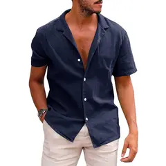 42AROZINA - Camisa holgada de algodón y lino con botones de color liso para hombre