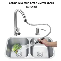 IMPORTADO MC - COMBO LAVADERO DE COCINA 2 POZAS CROMADO + MEZCLADORA EXTRAIBLE