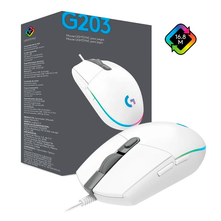 Mouse G203 BLANCO RGB LIGHTSYNC Con 6 Botones Para Juegos