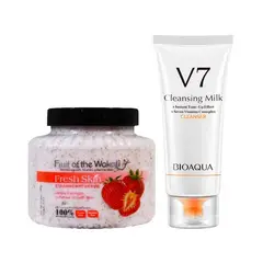 WOKALI - Exfoliante Corporal de Fresa + Crema Limpiadora Facial de Leche