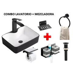 IMPORTADO MC - COMBO DE LAVATORIO NEGRO CON BLANCO +MEZCLADORA CON ACCESORIOS