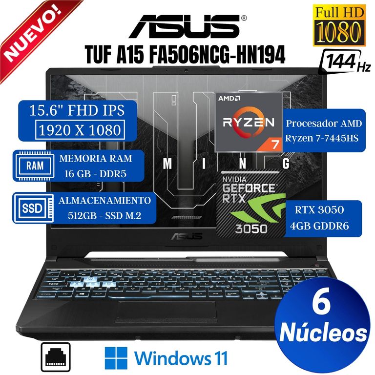 Laptop Tuf Gaming A15 FA506NCG-HN194 15.6" FHD, Ryzen 7-7445HS, Ram 16GB, Ssd 512GB, RTX 3050
