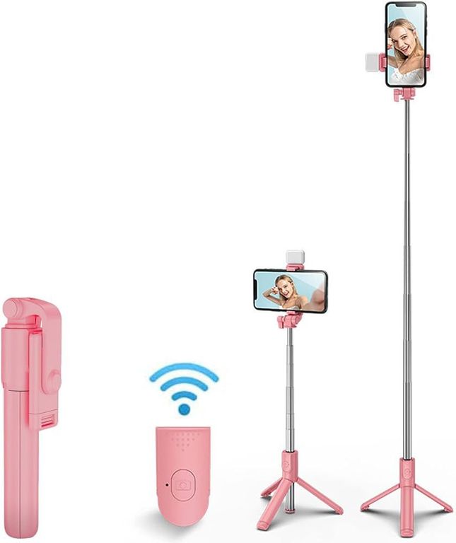 PALO SELFI CON TRIPODE INALAMBRICO BLUETOOTH Y CONTROL ROSADO-BLANCO