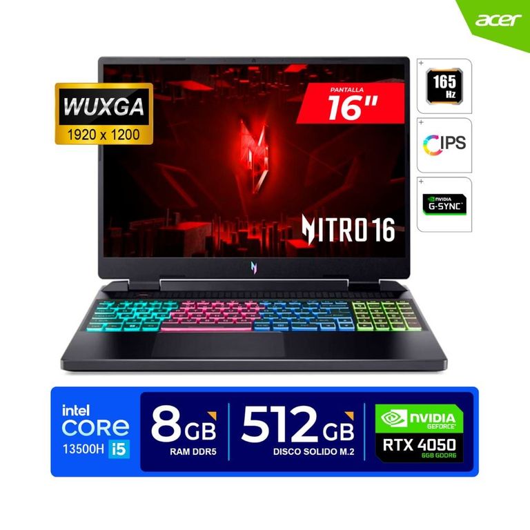 LAPTOP NITRO 16 16" WUXGA 165Hz Core I5-13500H 4;70GHz 8GB DDR5 512GB RTX4050 6GB FREEDOS