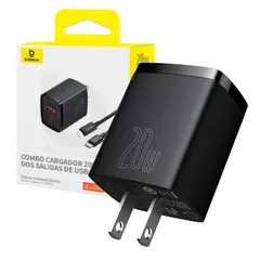 BASEUS - Cargador De Pared Dual Usb + Tipo C 20w Android y IOS Negro