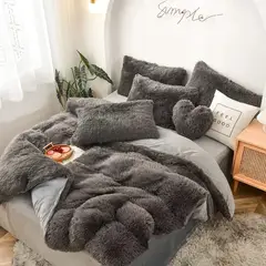 GENERICO - EDREDÓN PIEL DE OSO PLAZA Y MEDIA + 1 FUNDAS DE ALMOHADA GRIS OSCURO