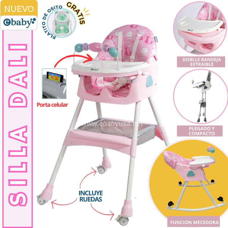 SILLA DE COMER DALI CON MECEDORA Y RUEDAS ROSADO + platito