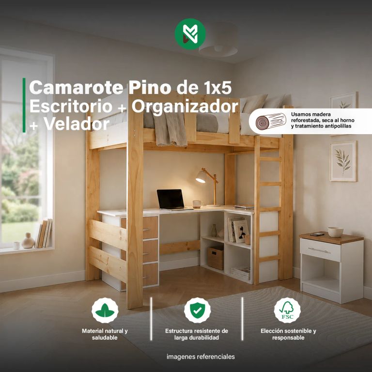 Camarote Pino de 1x 5 + Escritorio + Organizador