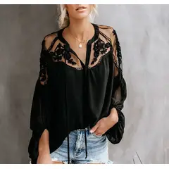 GENERICO - Blusa de gasa blanca manga larga con encaje floral y malla estilo boho - Blusa Paola