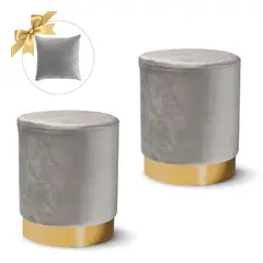 GENERICO - 2 Puff Redondo con Base Metálica Plomo Claro + 1 Cojín