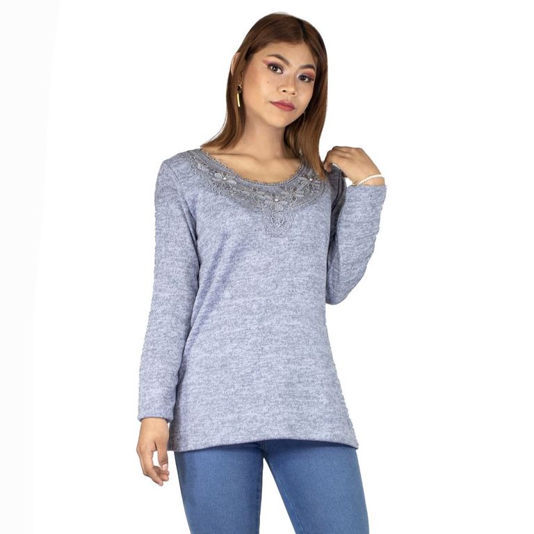 CHOMPA DE MUJER CUELLO V - LIZ - GRIS