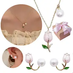 NO LOGO - Set Collar Y Aretes De Tulipan Con Perla Diseño Unico