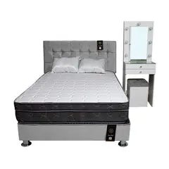 BARAKA HOME - Dormitorio Coquette 1.5 Plz + Cabecera + Tocador + Puff - Gris Claro